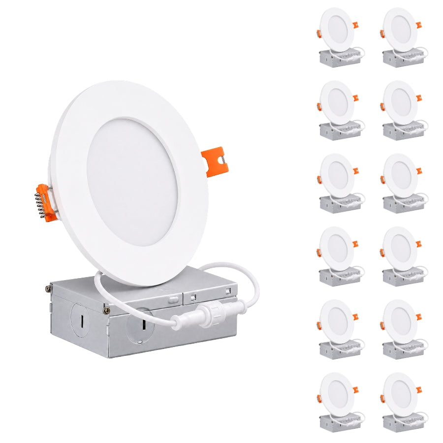 A white recessed LED ceiling light shown open, mounted on a silver metal junction box with an orange release clip. Twelve smaller duplicate views of the same product are arranged along the right side on a plain white background.