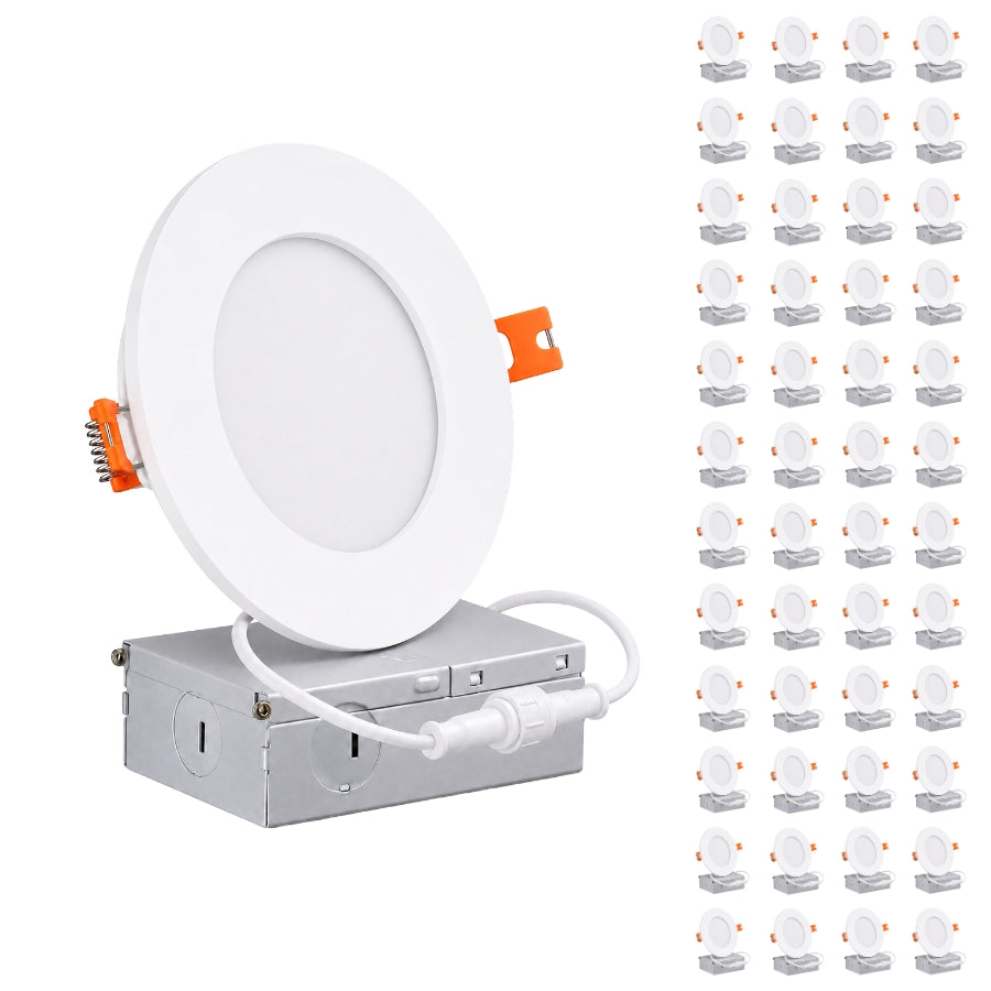 A white recessed LED ceiling light shown with its metal junction box on a white background, alongside a large grid of smaller identical units indicating a multi-pack.